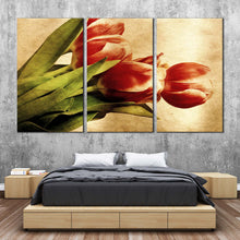 Load image into Gallery viewer, vintage floral trio canvas wall art green leaves accentuate red tulip flowers in triptych design canvas print for Bedroom

