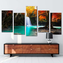 Load image into Gallery viewer, waterfall forest canvas wall art waterfall scenic 5 piece multi canvas artwork red green trees waterfall canvas print
