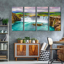 Load image into Gallery viewer, waterfall iceland canvas wall art colorful gofafoss waterfall iceland canvas print sea green skjalfandafljot river waterfall 4 piece canvas multi canvas
