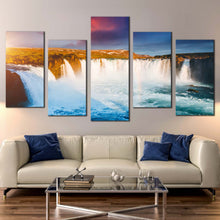 Load image into Gallery viewer, waterfall iceland canvas wall art yellow sunset europe landscape waterfall canvas print blue skjalfandafljot river godafoss waterfall 5 piece canvas For Living Room
