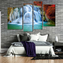 Load image into Gallery viewer, waterfall scenery canvas print kanchanaburi colorful autumn waterfall canvas wall art thailand huai mae khamin waterfall 4 piece canvas set in bedroom
