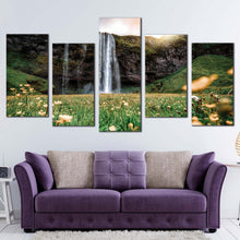 Load image into Gallery viewer, waterfall scenery canvas wall art beautiful white rainforest canvas print yellow sunset seljalandsfoss falls 5 piece multi canvas artwork For Living room
