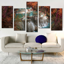 Load image into Gallery viewer, waterfall scenery canvas wall art kanchanaburi huay mae kamin waterfall 5 piece canvas colorful waterfall nature canvas print In Living room
