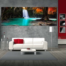 Load image into Gallery viewer, waterfall  scenic  canvas  print  stunning  waterfall  in  autumn  forest  canvas  artwork  red  green  trees  sun  waterfall  1  piece  canvas  wall  art For Living Room

