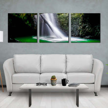 Load image into Gallery viewer, waterfall  scenic  canvas  wall  art  beautiful  white  waterfall  forest  scenery  3  piece  multi  canvas  green  cave  waterfall  canvas  print In Living Room
