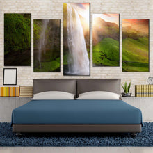 Load image into Gallery viewer, waterfall sunset canvas print yellow sunset landscape 5 piece canvas wall art green iceland scenery seljalandsfoss waterfalls multi canvas artwork For Your Bedroom
