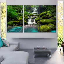 Load image into Gallery viewer, waterfall in green forest in jungle at phu tub berk mountain phetchabun Thailand 3 piece wall art In Living Room
