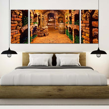 Load image into Gallery viewer, wine bottle canvas print orange winery champagne glasses clicking 3 piece canvas wall art brown old wine cellar triptych canvas set In Bedroom
