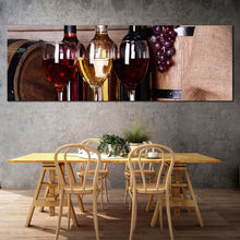 Load image into Gallery viewer, wine  bottles  canvas  wall  art  wine  bottles  brown  barrels  grapes  1  piece  canvas  red  white  wine  glasses  canvas  artwork In Dinning Room

