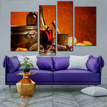 Load image into Gallery viewer, wine fruits canvas print red wine glasses 4 piece canvas wall art orange fruits wine bottle canvas set in living room
