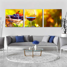 Load image into Gallery viewer, wine  fruits  canvas  wall  art  glass  of  wine  at  sunset  multiple  canvas  wine  in  yellow  autumn  canvas  set  colorful  wine  and  grapes  3  piece  canvas  print In Living Room
