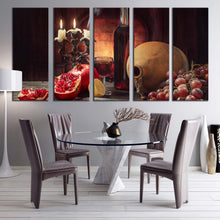 Load image into Gallery viewer, wine glass canvas wall art colorful still life grapes wine canvas print red fruits and candles 5 piece canvas For  Dining Room
