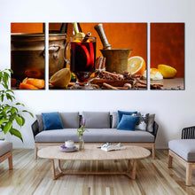 Load image into Gallery viewer, wine glasses canvas wall art orange fruits wine bottles multi canvas red wine glass 3 piece canvas print For Living Room
