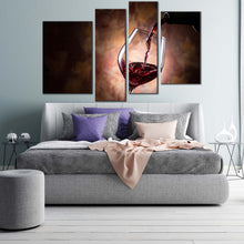 Load image into Gallery viewer, wine pouring canvas wall art black wine bottle winery canvas set red wine glass close up 4 piece canvas print for bedroom
