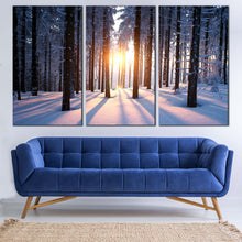 Load image into Gallery viewer, winter tranquility black trees strains triptych canvas In Living Room
