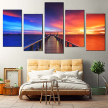 Load image into Gallery viewer, wood pier red blue color sky ocean 5 piece canvas art For Your Bedroom
