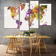 Load image into Gallery viewer, world map canvas wall art white background abstract flat earth 4 piece canvas print colorful abstract world map digital painting canvas set in living room
