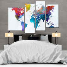 Load image into Gallery viewer, world map canvas wall art white globe abstract world map 4 piece canvas print colorful flat world multi canvas artwork in bedroom
