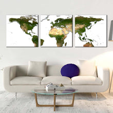 Load image into Gallery viewer, world  map  canvas  wall  art  world  map  digital  painting  canvas  print  white  background  flat  earth  canvas  set  green  detailed  world  map  3  piece  canvas In Living Room
